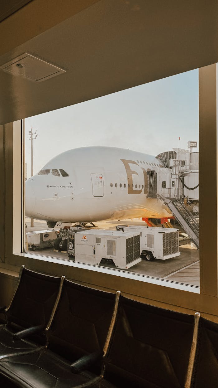 Emirates Airbus A380 boarding at Houston airport viewed from terminal window.